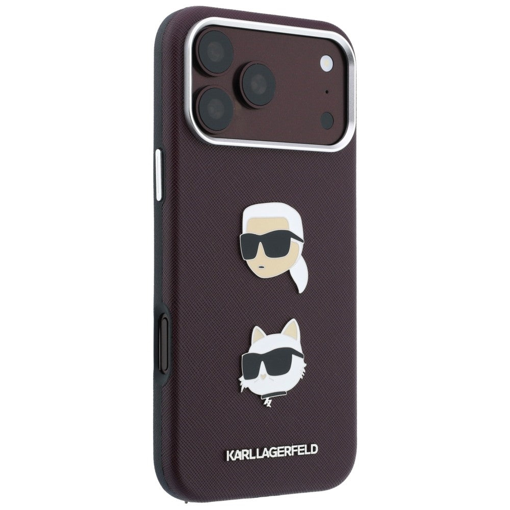 Custodia per Apple iPhone 18 Pro / 17 Pro, Karl Lagerfeld, Saffiano Crossbody Karl & Choupette Head's Pins Logo, color bordeaux