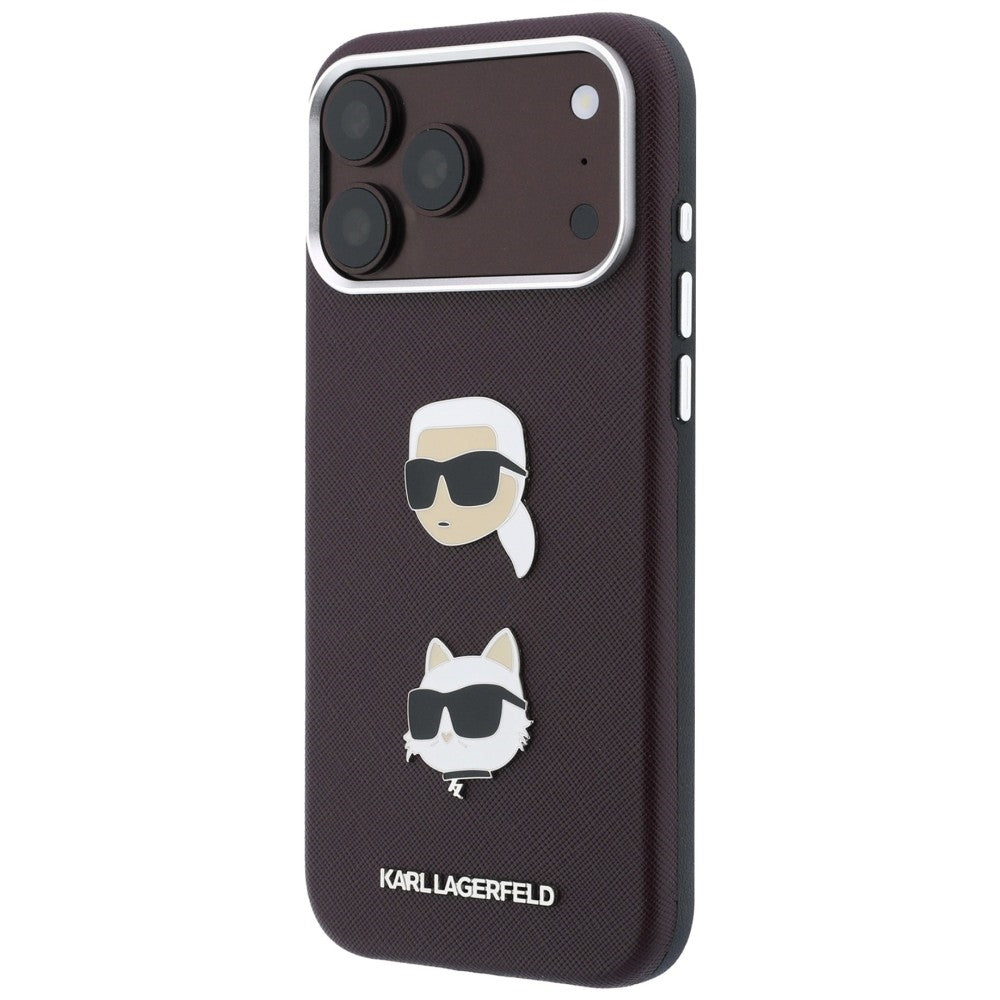 Custodia per Apple iPhone 18 Pro / 17 Pro, Karl Lagerfeld, Saffiano Crossbody Karl & Choupette Head's Pins Logo, color bordeaux