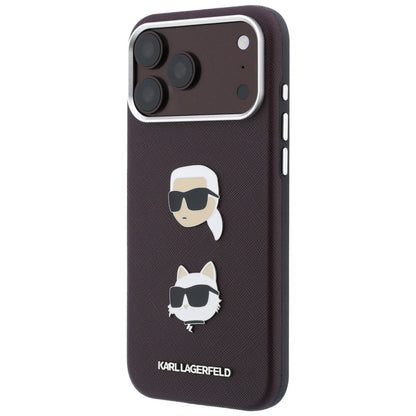 Custodia per Apple iPhone 18 Pro / 17 Pro, Karl Lagerfeld, Saffiano Crossbody Karl & Choupette Head's Pins Logo, color bordeaux