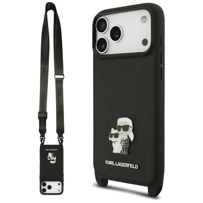 Custodia per Apple iPhone 18 Pro / 17 Pro, Karl Lagerfeld, Saffiano Crossbody Metal Pin Karl & Choupette, nera