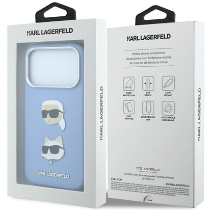 Custodia per Apple iPhone 18 Pro / 17 Pro, Karl Lagerfeld, Saffiano con spilla con le teste di Karl e Choupette e logo, blu