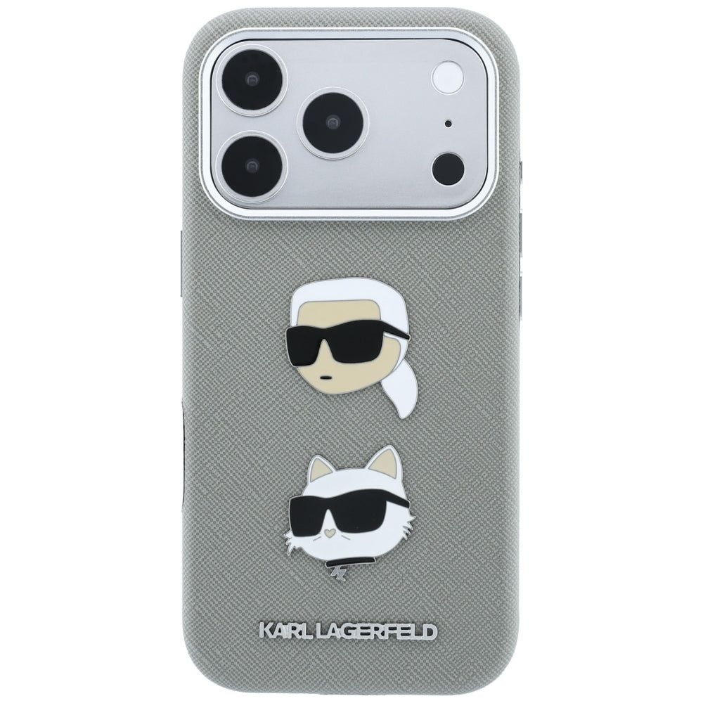 Custodia per Apple iPhone 18 Pro / 17 Pro, Karl Lagerfeld, Saffiano con spilla con le teste di Karl e Choupette e logo, grigio