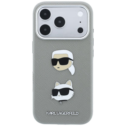Custodia per Apple iPhone 18 Pro / 17 Pro, Karl Lagerfeld, Saffiano con spilla con le teste di Karl e Choupette e logo, grigio