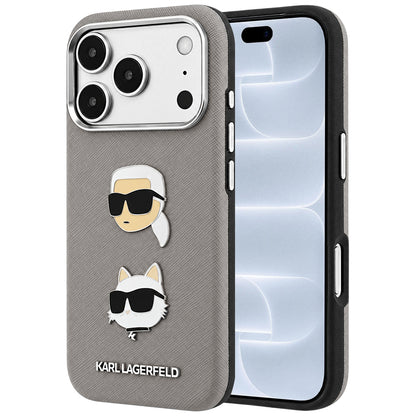 Custodia per Apple iPhone 18 Pro / 17 Pro, Karl Lagerfeld, Saffiano con spilla con le teste di Karl e Choupette e logo, grigio