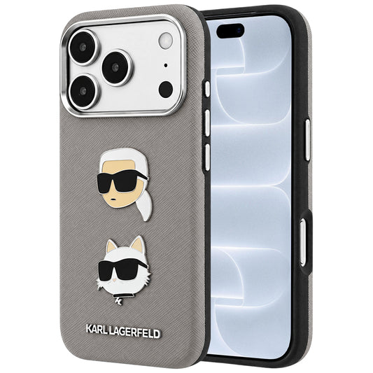 Hülle für Apple iPhone 18 Pro / 17 Pro, Karl Lagerfeld, Saffiano mit Karl-&-Choupette-Kopf-Pin und Logo, Grau