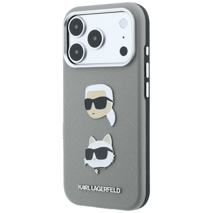 Custodia per Apple iPhone 18 Pro / 17 Pro, Karl Lagerfeld, Saffiano con spilla con le teste di Karl e Choupette e logo, grigio