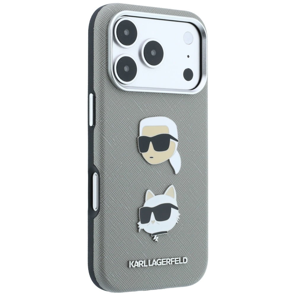 Custodia per Apple iPhone 18 Pro / 17 Pro, Karl Lagerfeld, Saffiano con spilla con le teste di Karl e Choupette e logo, grigio
