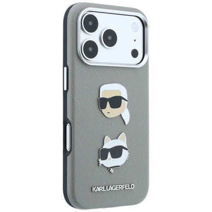 Custodia per Apple iPhone 18 Pro / 17 Pro, Karl Lagerfeld, Saffiano con spilla con le teste di Karl e Choupette e logo, grigio