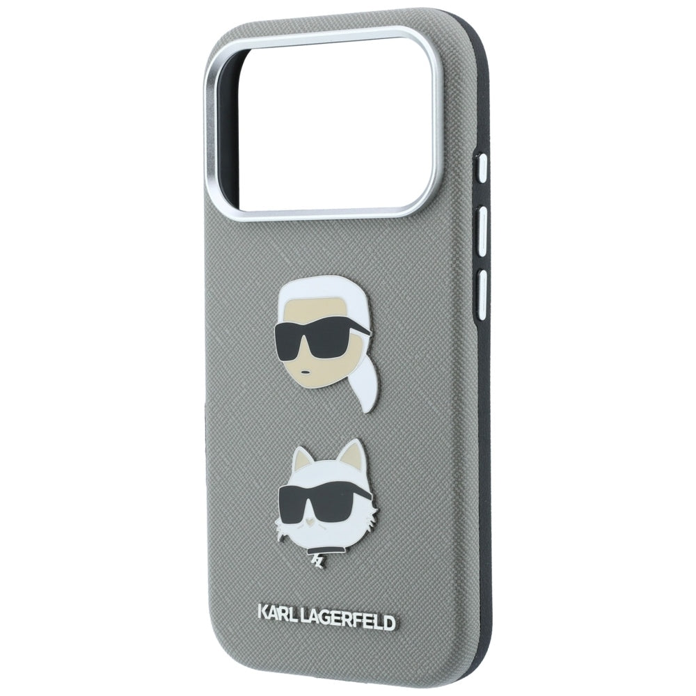 Custodia per Apple iPhone 18 Pro / 17 Pro, Karl Lagerfeld, Saffiano con spilla con le teste di Karl e Choupette e logo, grigio