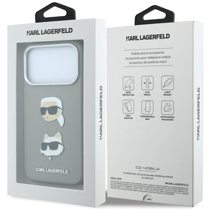 Custodia per Apple iPhone 18 Pro / 17 Pro, Karl Lagerfeld, Saffiano con spilla con le teste di Karl e Choupette e logo, grigio
