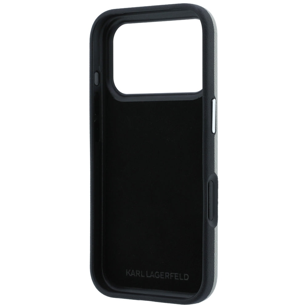 Custodia per Apple iPhone 18 Pro / 17 Pro, Karl Lagerfeld, Saffiano con spilla con le teste di Karl e Choupette e logo, grigio