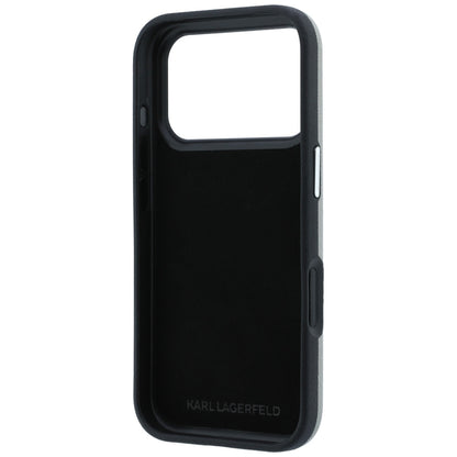 Custodia per Apple iPhone 18 Pro / 17 Pro, Karl Lagerfeld, Saffiano con spilla con le teste di Karl e Choupette e logo, grigio