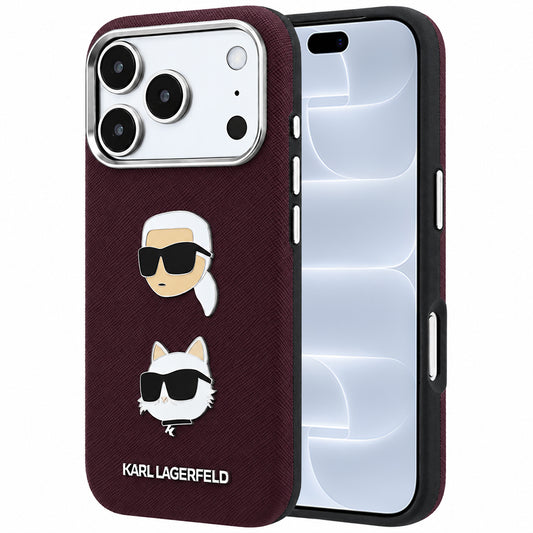 Coque pour Apple iPhone 18 Pro / 17 Pro, Karl Lagerfeld, Saffiano avec épingle tête Karl & Choupette et logo, Bordeaux