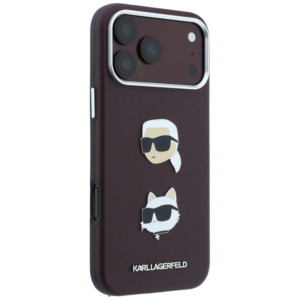 Case for Apple iPhone 18 Pro / 17 Pro, Karl Lagerfeld, Saffiano with Karl & Choupette Head's Pin and Logo, Burgundy
