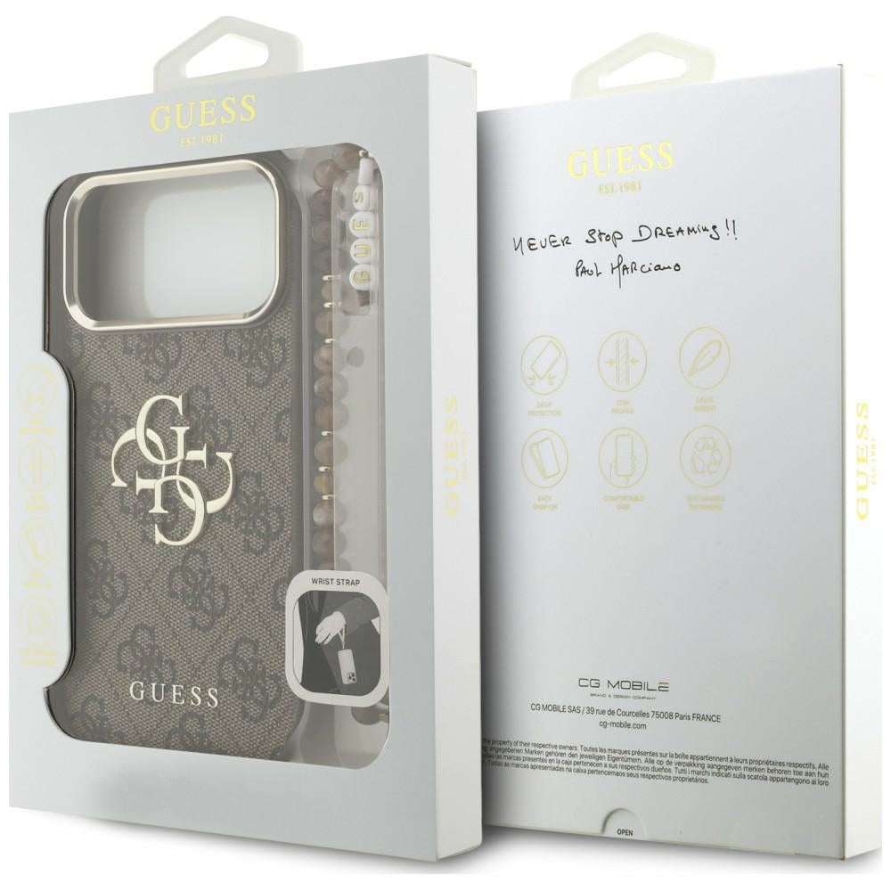 Coque pour Apple iPhone 18 Pro Max / 17 Pro Max, Guess, Logo Classique 4G avec Lanière, Marron Doré