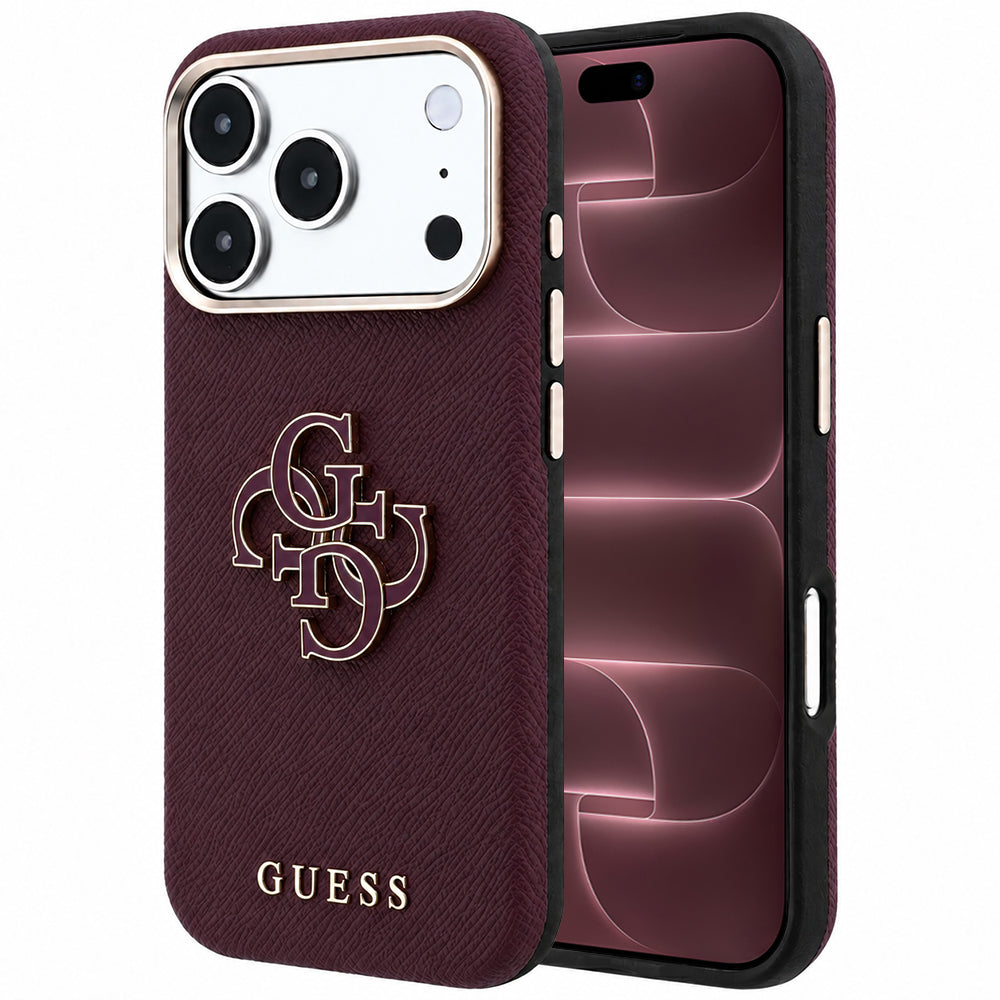 Custodia per Apple iPhone 18 Pro Max / 17 Pro Max, Guess, Logo Grande in Resina Granulata, Vinaccia