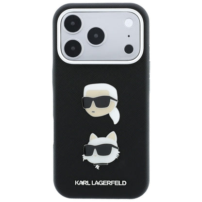 Custodia per Apple iPhone 18 Pro Max / 17 Pro Max, Karl Lagerfeld, Saffiano Crossbody Karl & Choupette Head's Pins Logo, nera