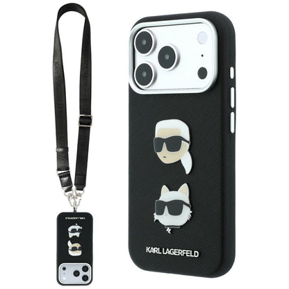 Custodia per Apple iPhone 18 Pro Max / 17 Pro Max, Karl Lagerfeld, Saffiano Crossbody Karl & Choupette Head's Pins Logo, nera