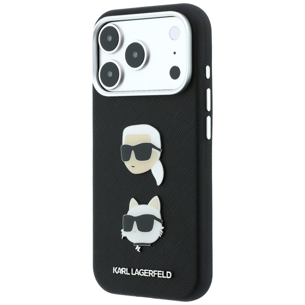 Custodia per Apple iPhone 18 Pro Max / 17 Pro Max, Karl Lagerfeld, Saffiano Crossbody Karl & Choupette Head's Pins Logo, nera