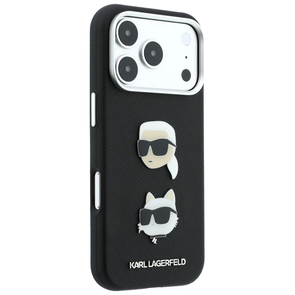 Custodia per Apple iPhone 18 Pro Max / 17 Pro Max, Karl Lagerfeld, Saffiano Crossbody Karl & Choupette Head's Pins Logo, nera