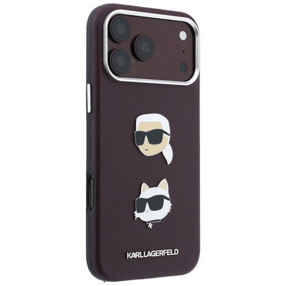 Étui pour Apple iPhone 18 Pro Max / 17 Pro Max, Karl Lagerfeld, Saffiano Crossbody Karl & Choupette Head's Pins Logo, bordeaux