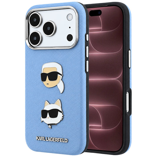 Custodia per Apple iPhone 18 Pro Max / 17 Pro Max, Karl Lagerfeld, Saffiano con spilla testa di Karl & Choupette e logo, Blu