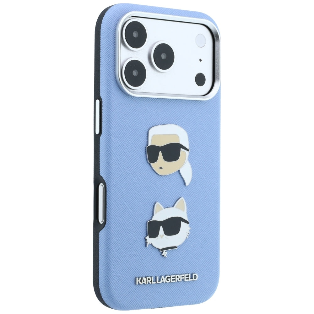 Custodia per Apple iPhone 18 Pro Max / 17 Pro Max, Karl Lagerfeld, Saffiano con spilla testa di Karl & Choupette e logo, Blu
