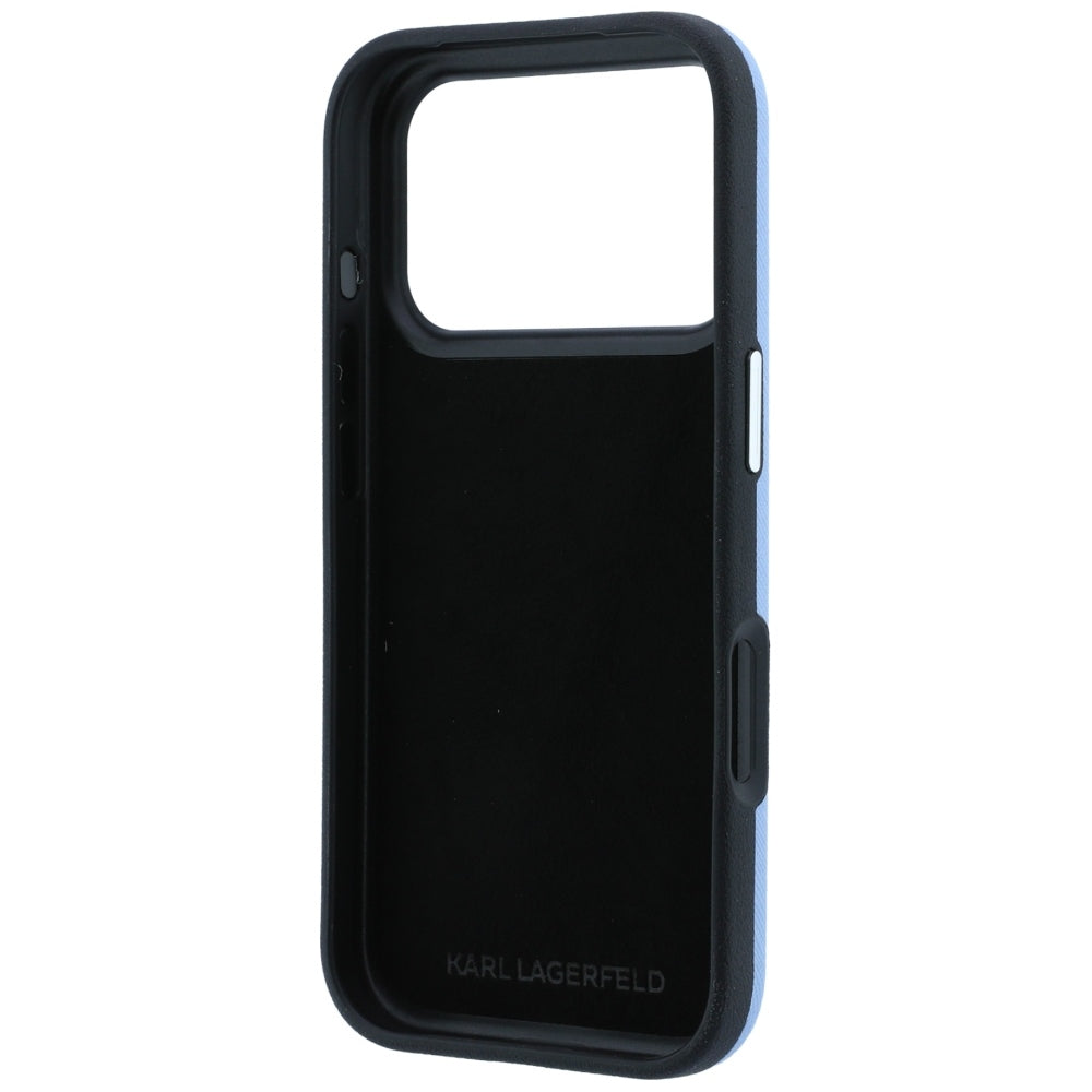 Custodia per Apple iPhone 18 Pro Max / 17 Pro Max, Karl Lagerfeld, Saffiano con spilla testa di Karl & Choupette e logo, Blu