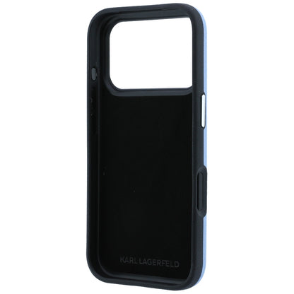 Custodia per Apple iPhone 18 Pro Max / 17 Pro Max, Karl Lagerfeld, Saffiano con spilla testa di Karl & Choupette e logo, Blu