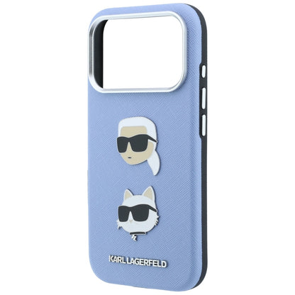 Custodia per Apple iPhone 18 Pro Max / 17 Pro Max, Karl Lagerfeld, Saffiano con spilla testa di Karl & Choupette e logo, Blu