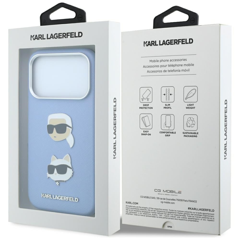 Custodia per Apple iPhone 18 Pro Max / 17 Pro Max, Karl Lagerfeld, Saffiano con spilla testa di Karl & Choupette e logo, Blu