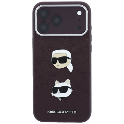 Custodia per Apple iPhone 18 Pro Max / 17 Pro Max, Karl Lagerfeld, Saffiano con Spilla Testa di Karl & Choupette e Logo, Vinaccia