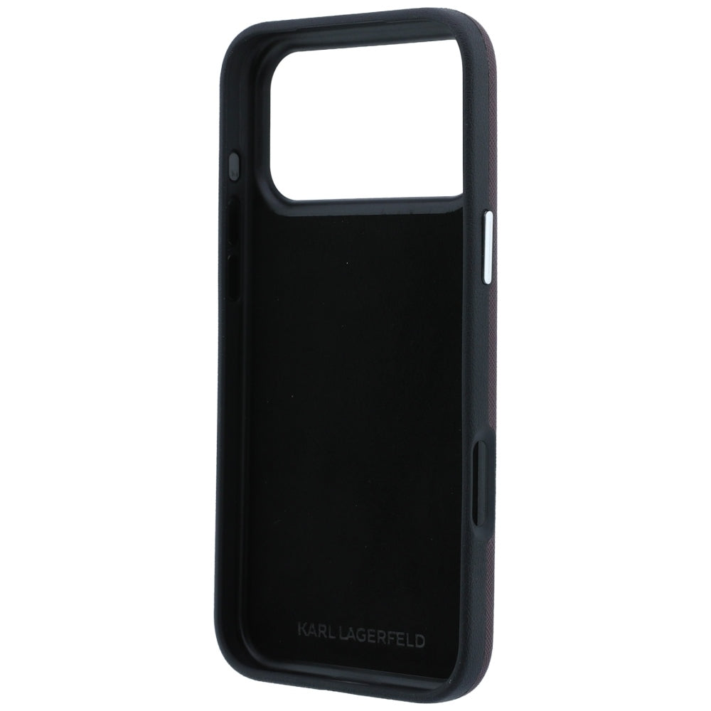 Custodia per Apple iPhone 18 Pro Max / 17 Pro Max, Karl Lagerfeld, Saffiano con Spilla Testa di Karl & Choupette e Logo, Vinaccia