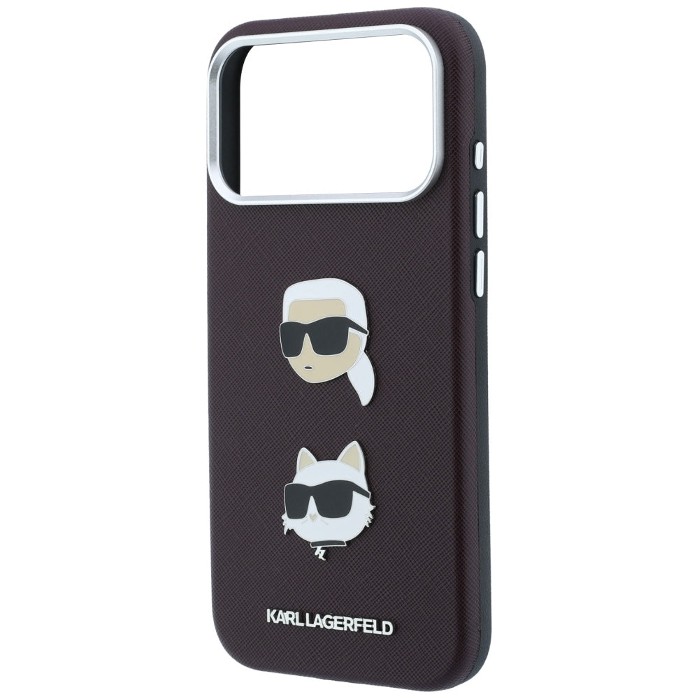 Custodia per Apple iPhone 18 Pro Max / 17 Pro Max, Karl Lagerfeld, Saffiano con Spilla Testa di Karl & Choupette e Logo, Vinaccia