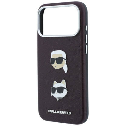 Custodia per Apple iPhone 18 Pro Max / 17 Pro Max, Karl Lagerfeld, Saffiano con Spilla Testa di Karl & Choupette e Logo, Vinaccia