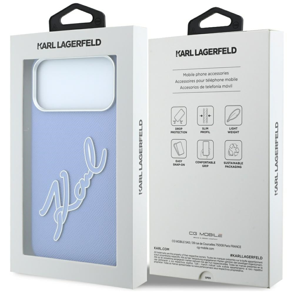 Hülle für Apple iPhone 18 Pro Max / 17 Pro Max, Karl Lagerfeld, glattes großes Harz-Signatur-Logo, Blau