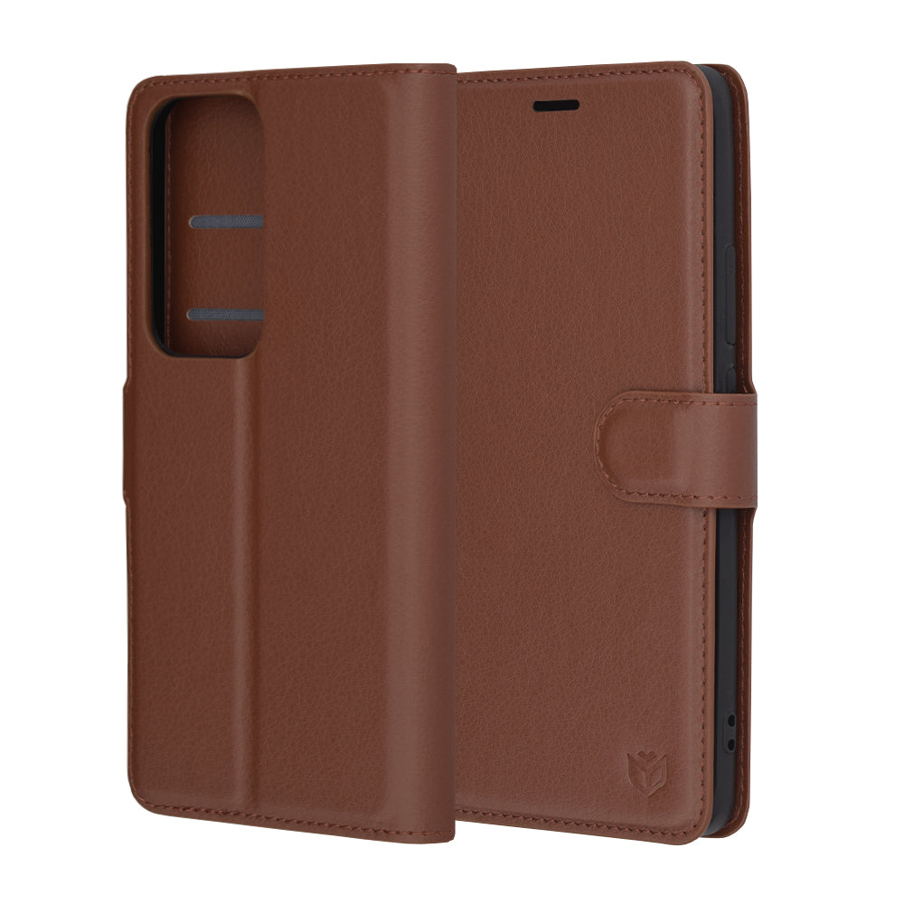 Hülle für Oppo Reno12, Techsuit, Leder-Folio, Braun