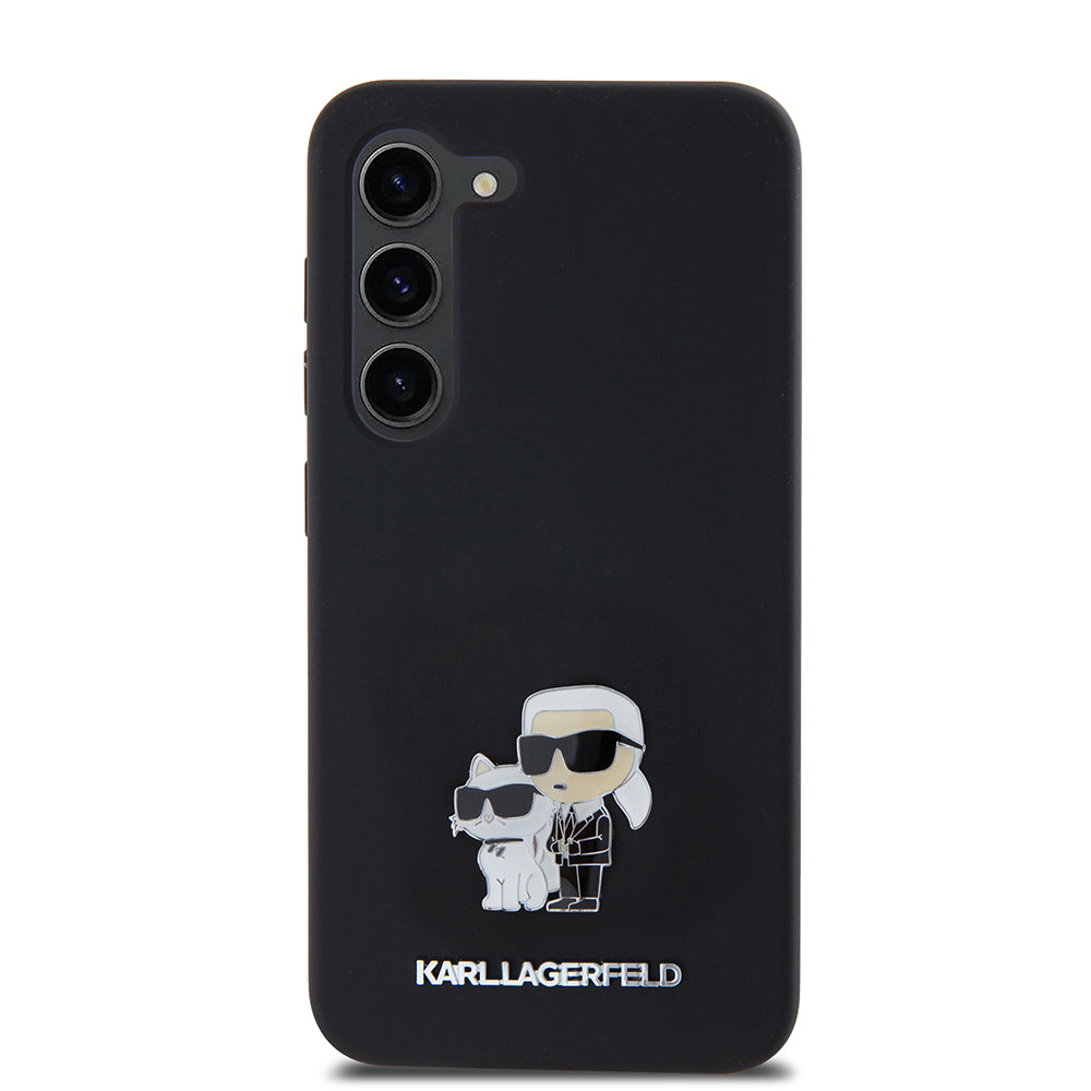 Étui pour Samsung Galaxy S23 S911, Karl Lagerfeld, Silicone Karl & Choupette Métal, Noir