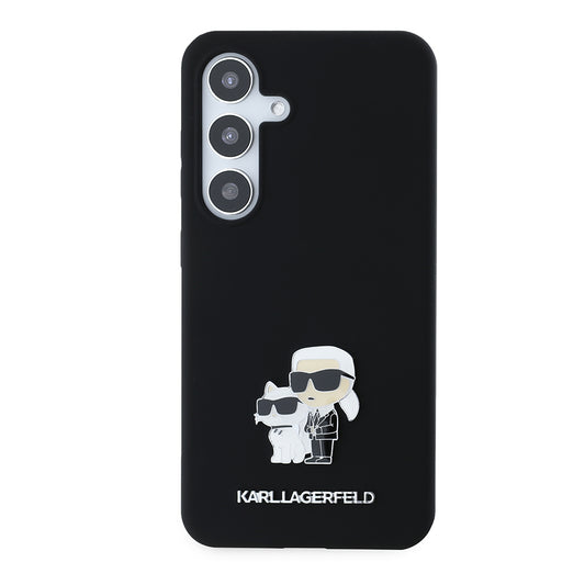 Étui pour Samsung Galaxy S24 S921, Karl Lagerfeld, Silicone Karl & Choupette Métal, Noir