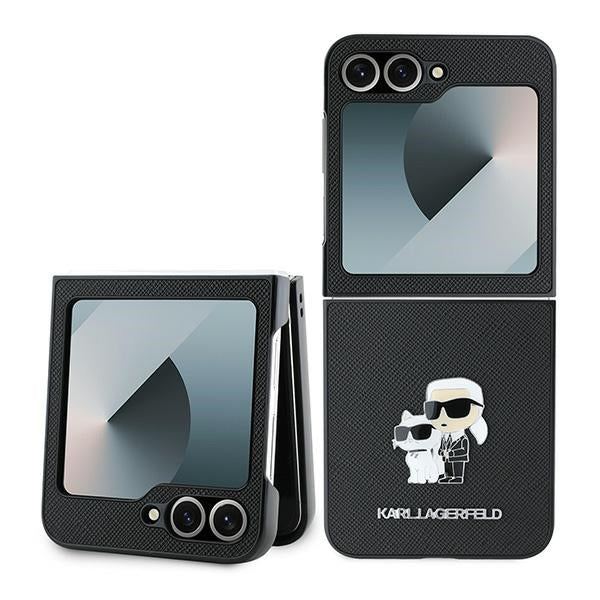 Custodia per Samsung Galaxy Z Flip7 FE F761 / Z Flip6 F741, Karl Lagerfeld, Saffiano Karl & Choupette Metal, Nera