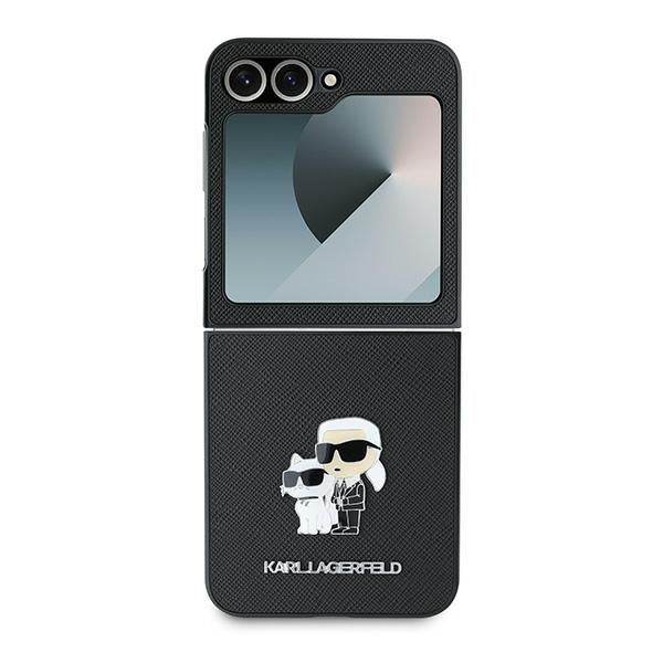 Custodia per Samsung Galaxy Z Flip7 FE F761 / Z Flip6 F741, Karl Lagerfeld, Saffiano Karl & Choupette Metal, Nera