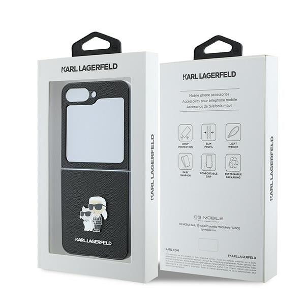 Custodia per Samsung Galaxy Z Flip7 FE F761 / Z Flip6 F741, Karl Lagerfeld, Saffiano Karl & Choupette Metal, Nera