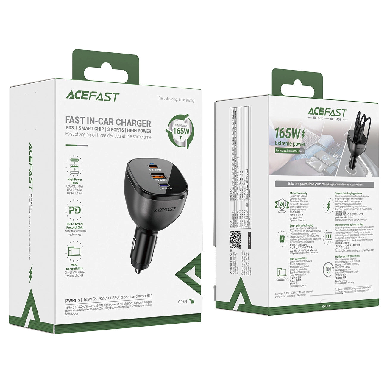 Chargeur de voiture Acefast B14, 165W, 5A, 1 x USB-A - 2 x USB-C, Noir
