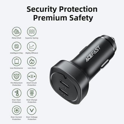 Chargeur de voiture Acefast B2, 72W, 3A, 2 x USB-C, Noir