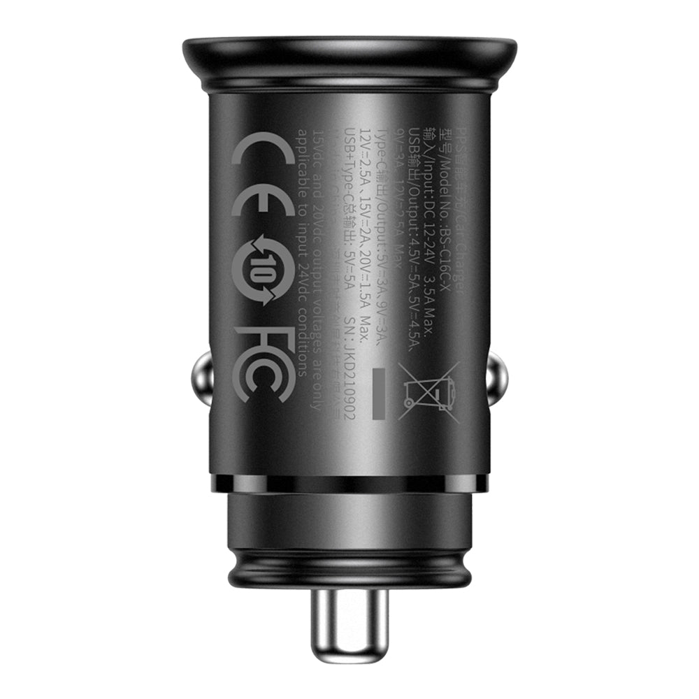 Chargeur Auto Baseus Circular Metal, 30W, 5A, 1 x USB-A - 1 x USB-C, Noir