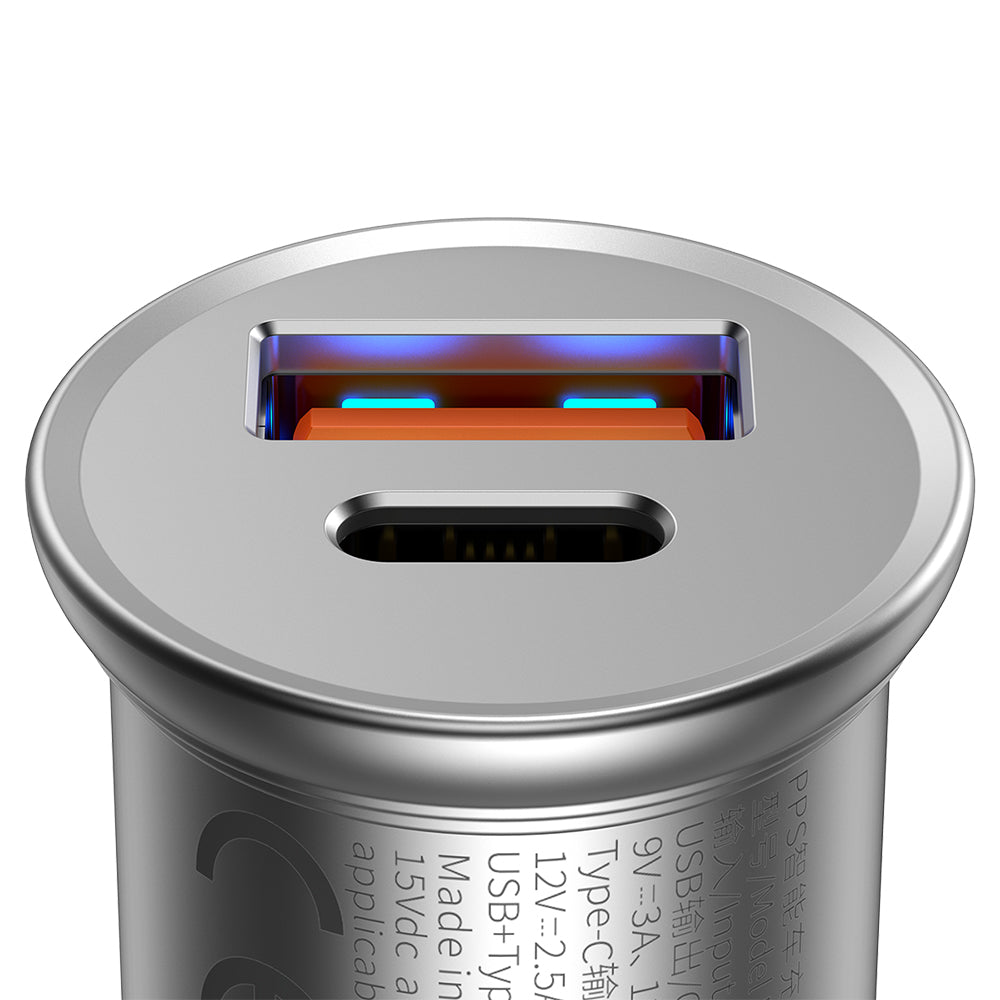 Auto-Ladegerät Baseus Circular Metal, 30W, 5A, 1 x USB-A - 1 x USB-C, Grau