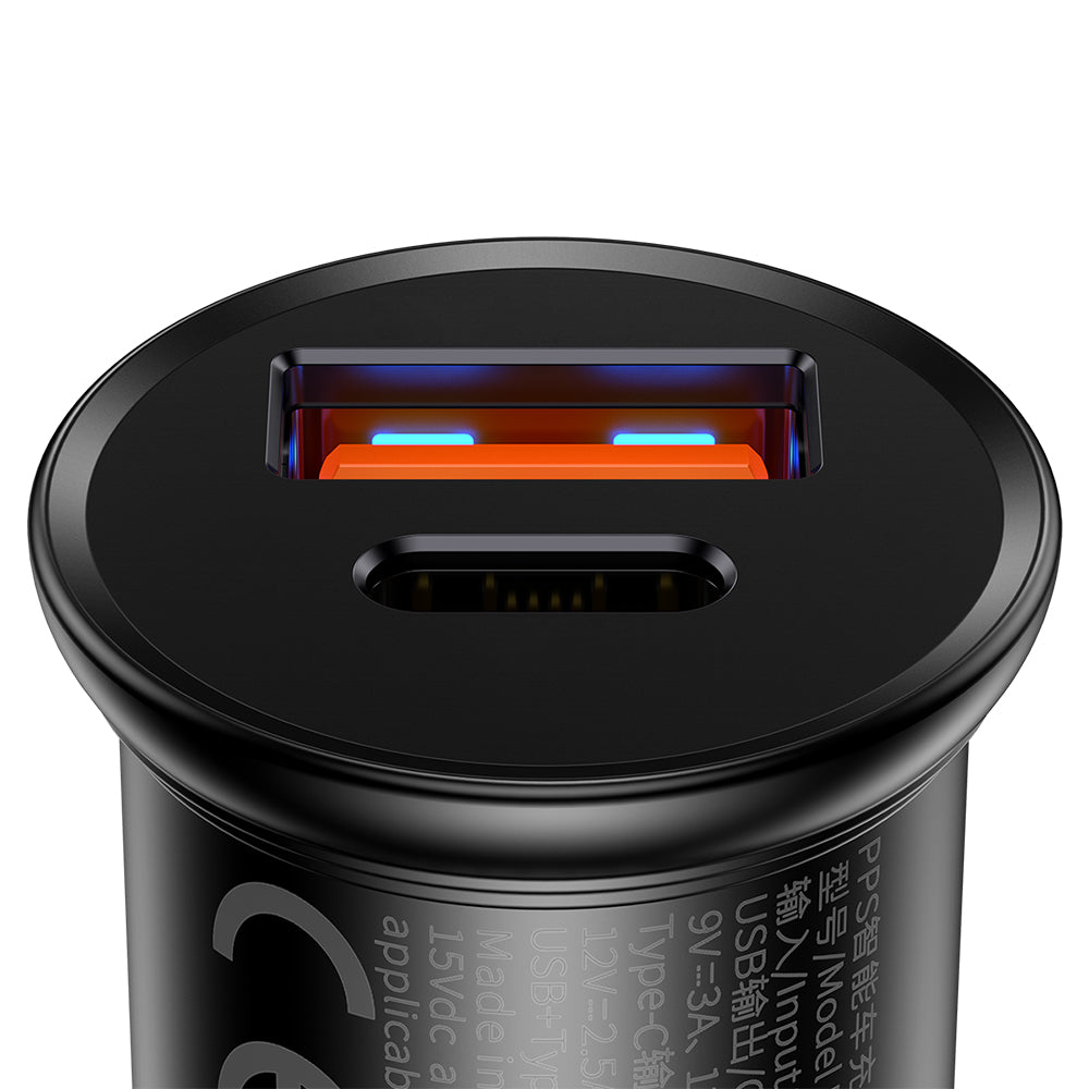 Chargeur Auto Baseus Circular Metal, 30W, 5A, 1 x USB-A - 1 x USB-C, Noir