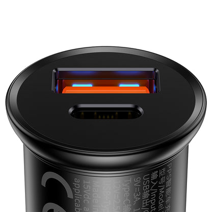 Chargeur Auto Baseus Circular Metal, 30W, 5A, 1 x USB-A - 1 x USB-C, Noir