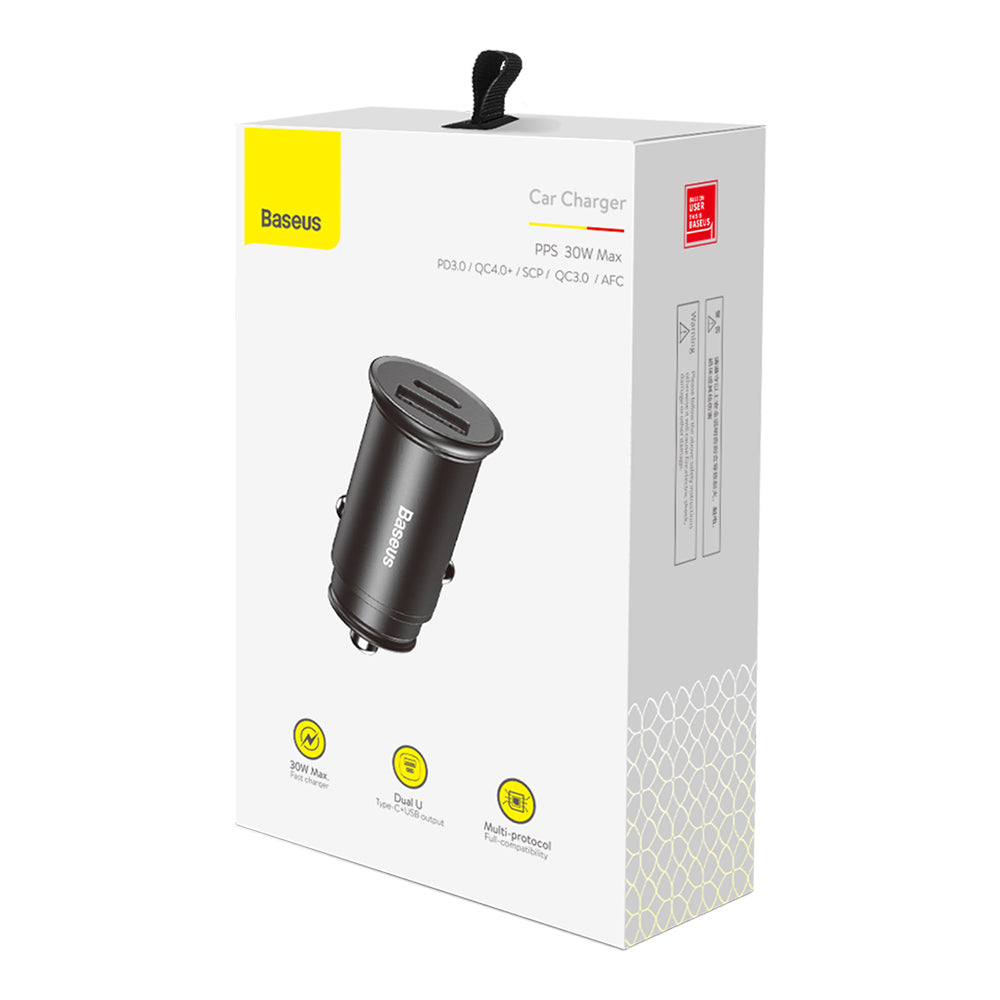 Chargeur Auto Baseus Circular Metal, 30W, 5A, 1 x USB-A - 1 x USB-C, Noir