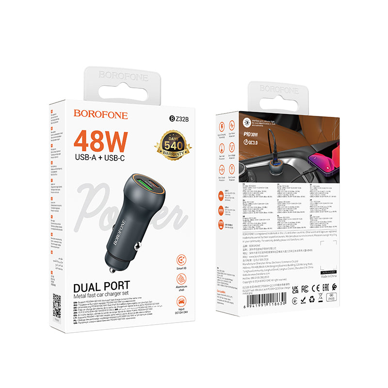 Auto-Ladegerät Borofone BZ32B Fresh, 48W, 3A, 1 x USB-A - 1 x USB-C, Grau